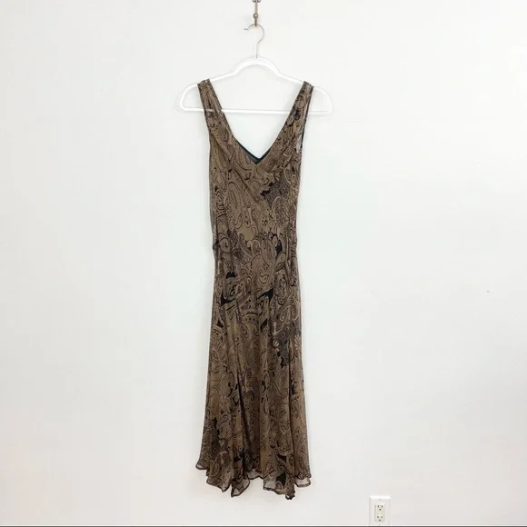 Vintage 90s Brown and Black Paisley Silk Handkerchief Midi Dress - Picture 2 of 5